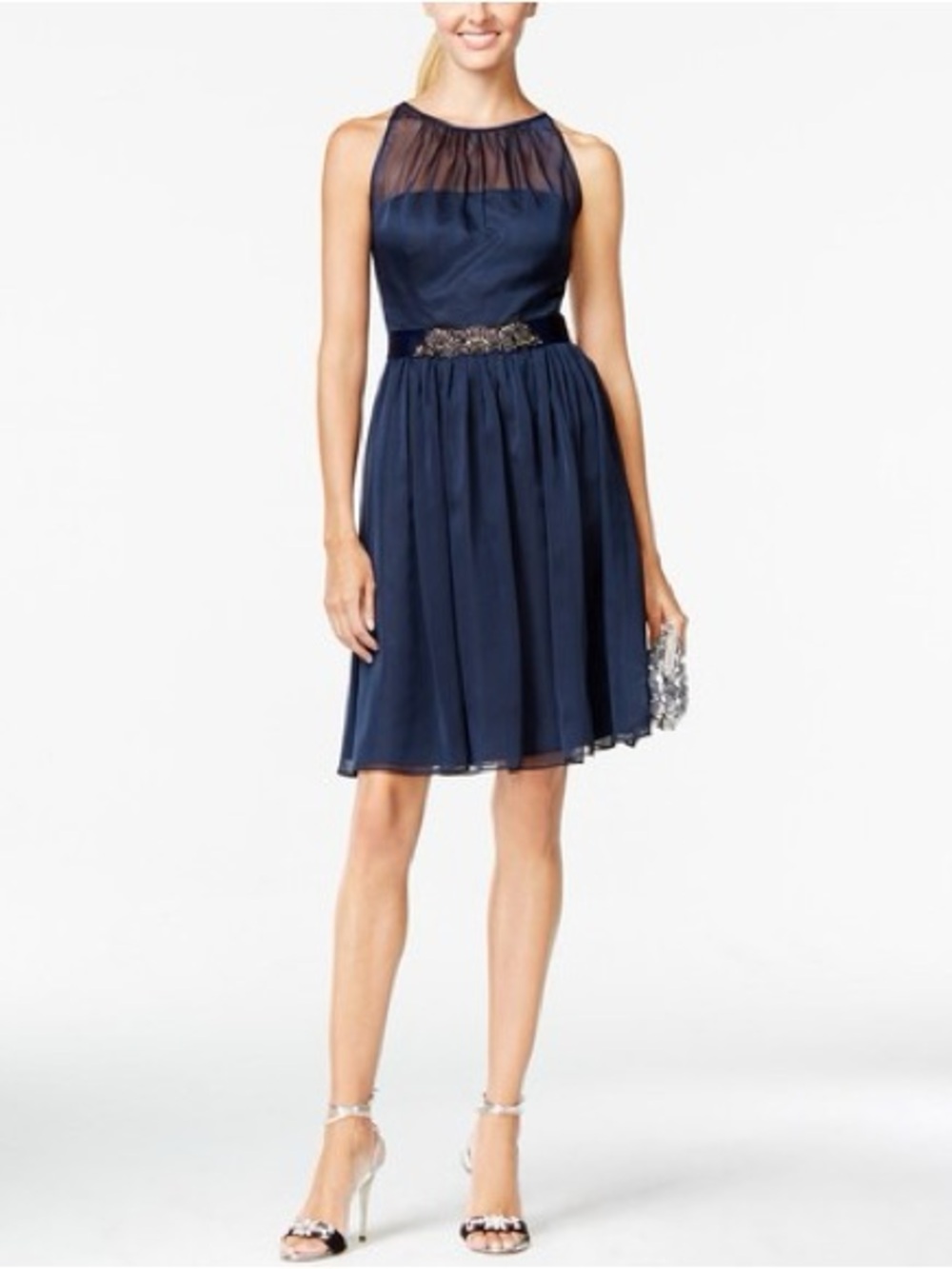 Adrianna Papell Navy Sheer Yoke Embellished Waist Midi Dress
